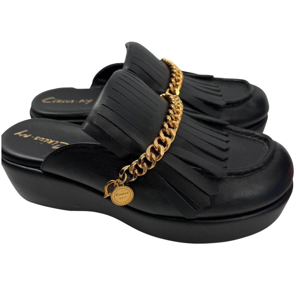 Circus NY by Sam Edelman Black Platform Mules Gold Chain Fringe‎ Kiltie Loafers